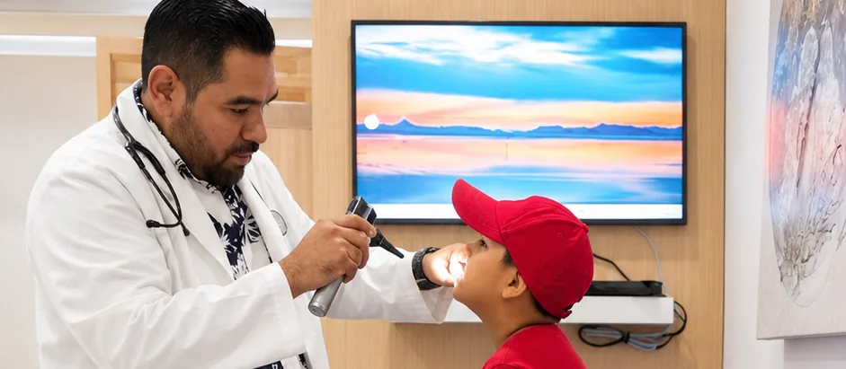 El doctor en consulta con un niño y su mamá